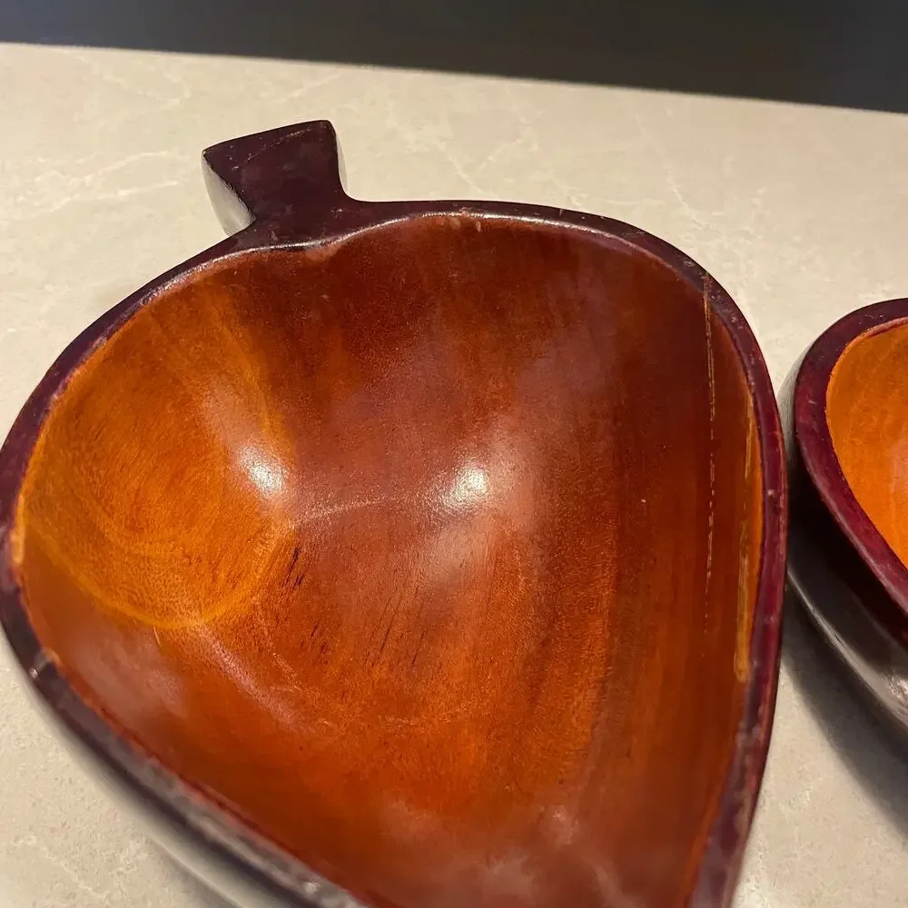 Vintage MCM set of 2 hearts shaped wooden bowls serving dishes decorative only